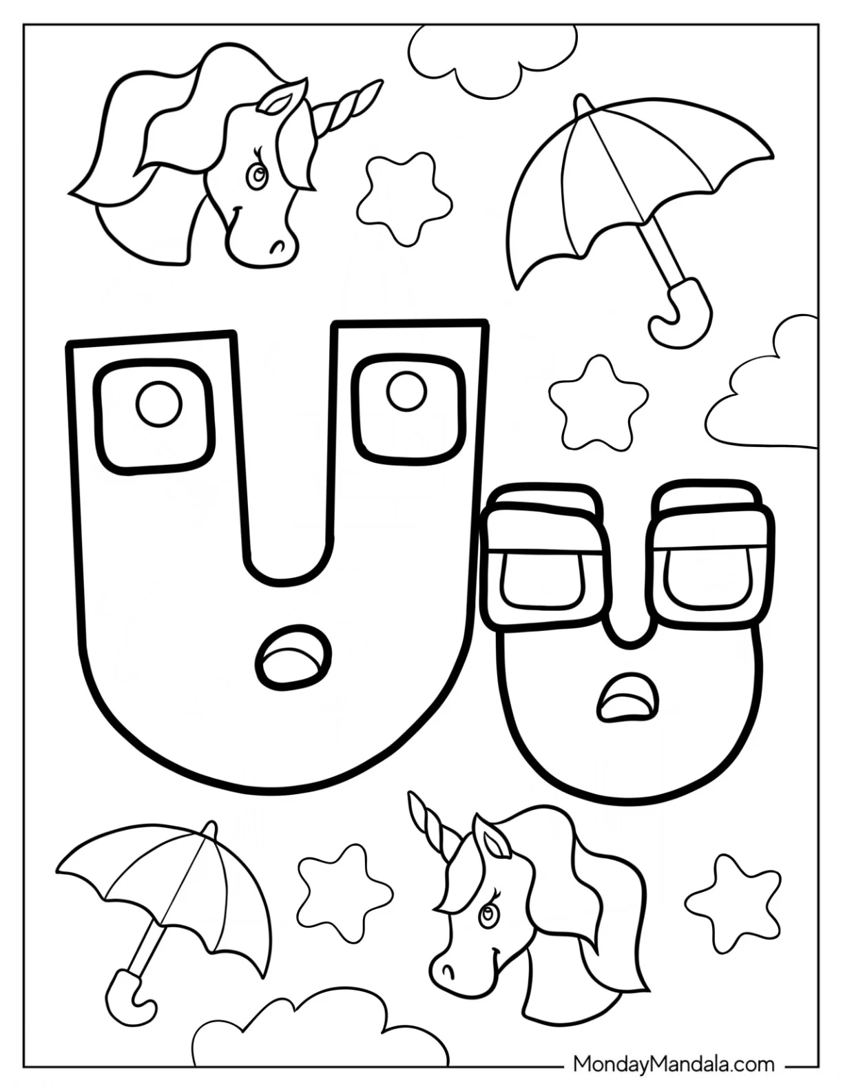 Alphabet Lore Coloring Page Letter U With Umbrella And Unicorn coloring page