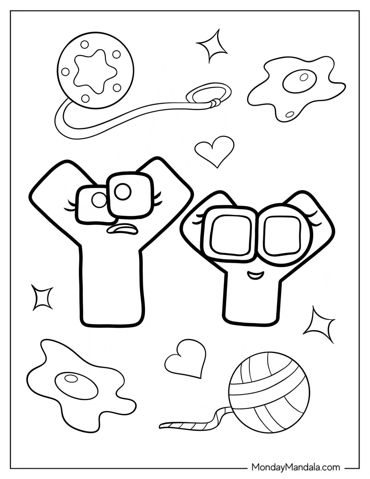 Alphabet Lore Coloring Page Letter Y With Things That Start With Y coloring page — printable line art