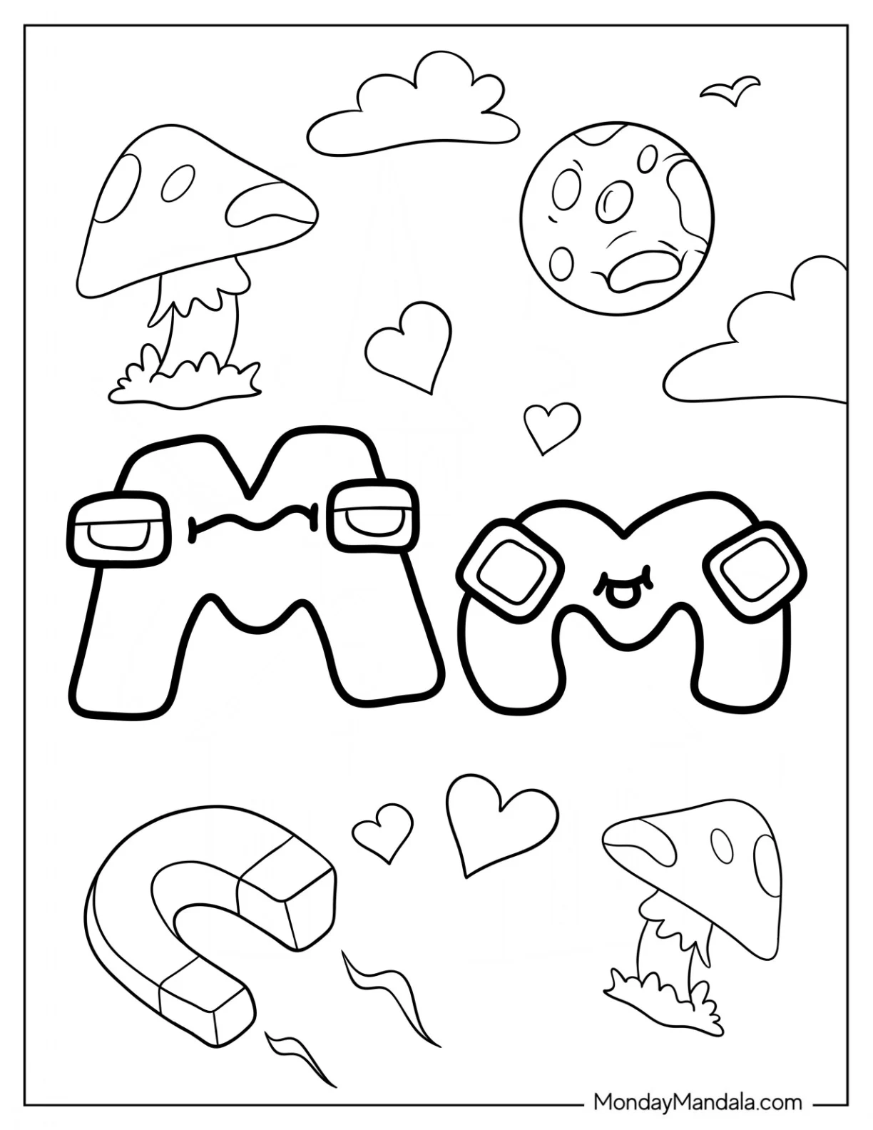 Cute Alphabet Lore Coloring Page Letter M With Mushroom And Magnet For Preschoolers coloring page — printable line art