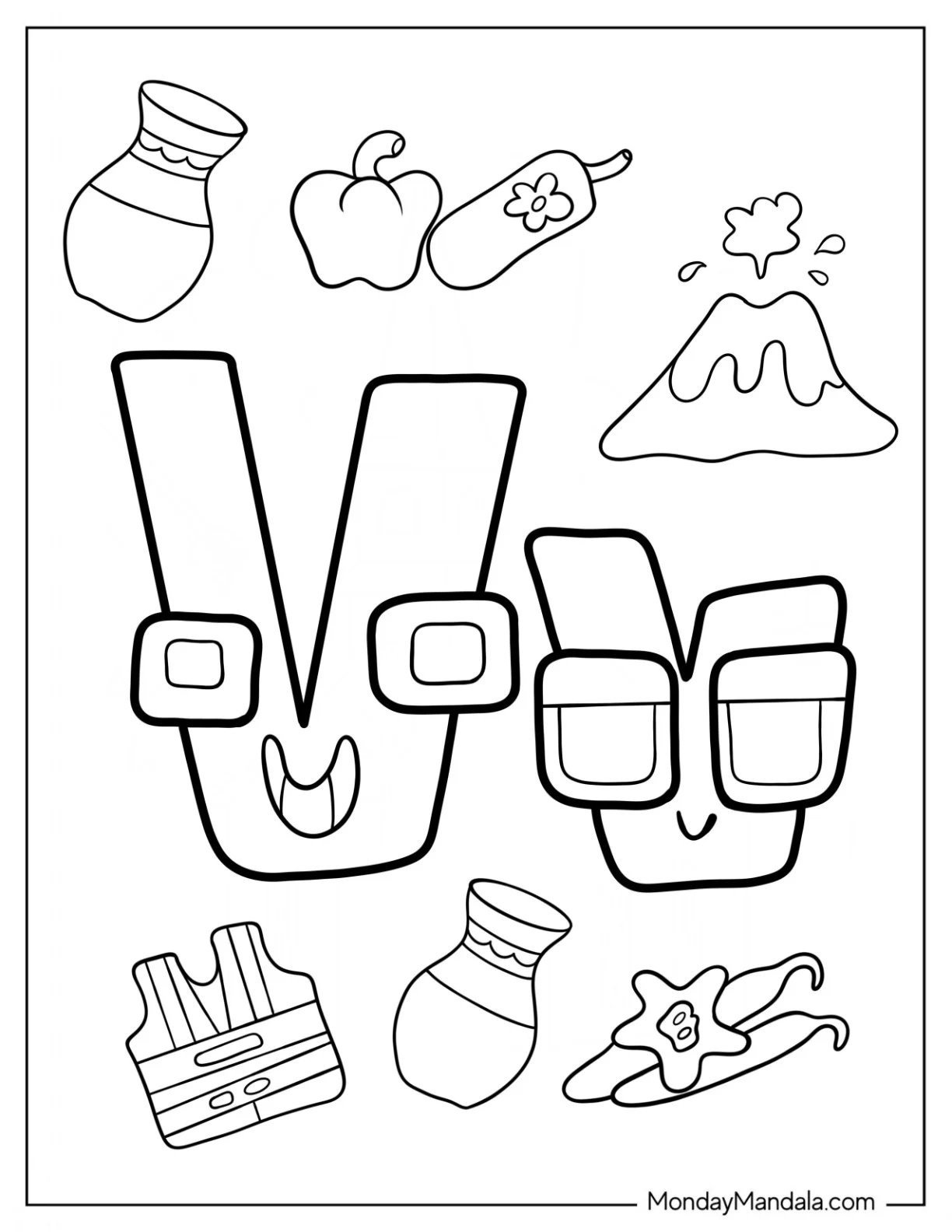 Happy Alphabet Lore Coloring Page Letter V With Things That Start With V coloring page — printable line art