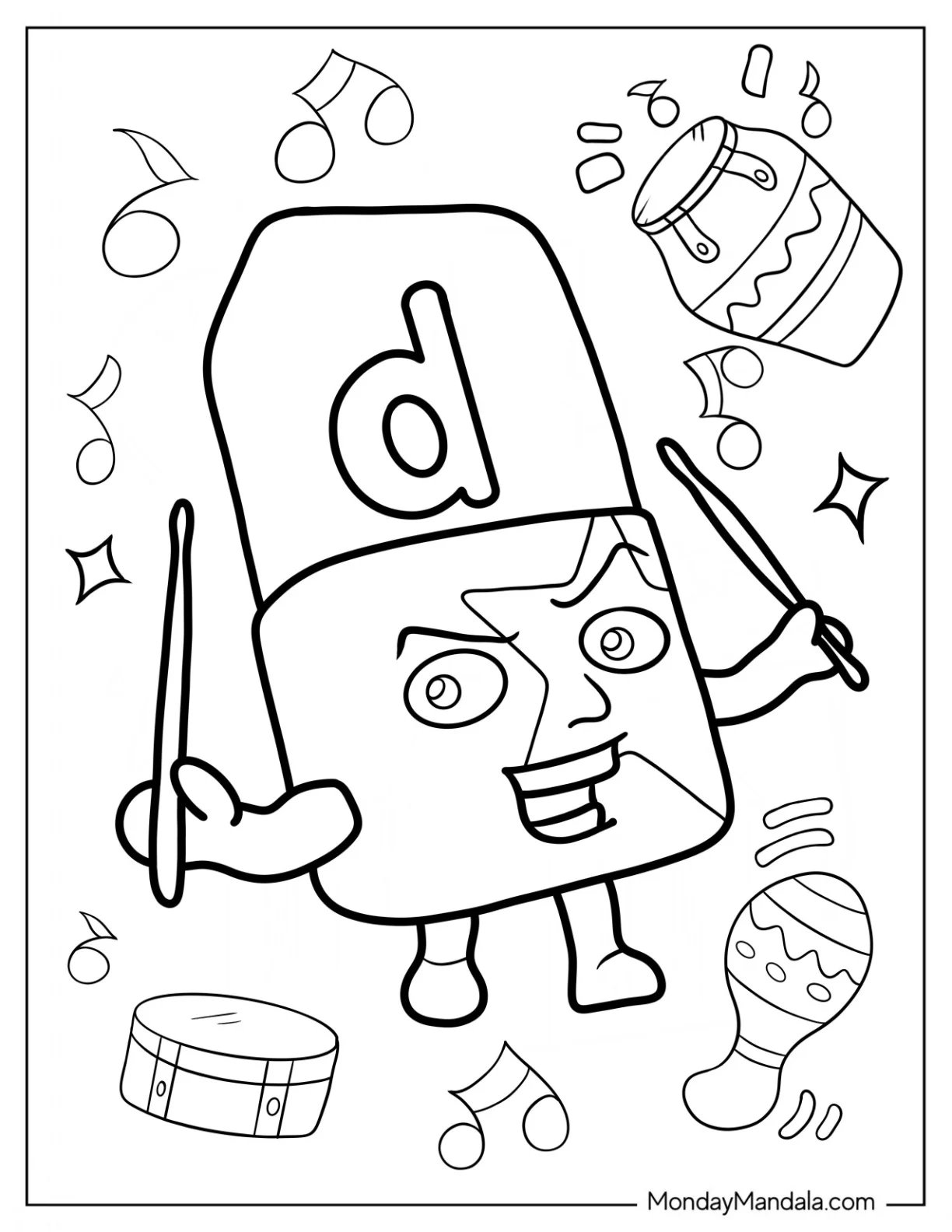 Alphablock Coloring Page D Holding Drum Sticks coloring page