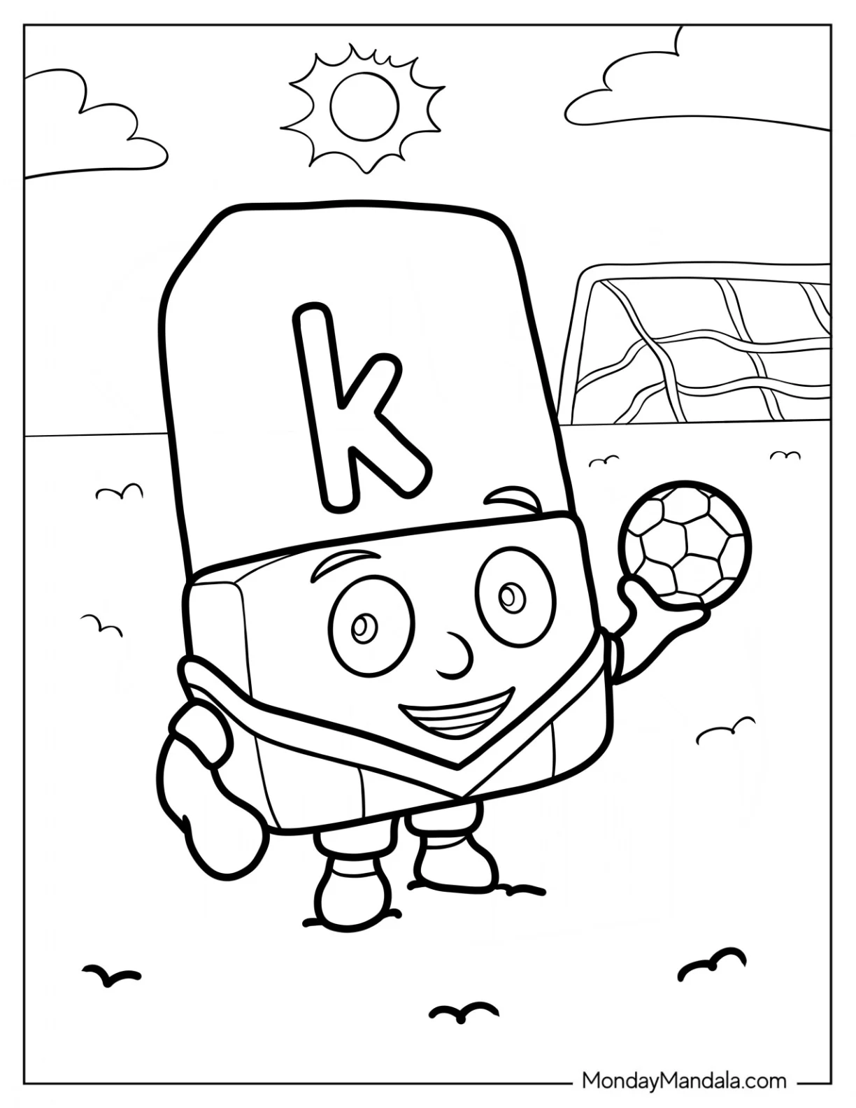 Alphablock Coloring Page K Holding A Soccer Ball coloring page