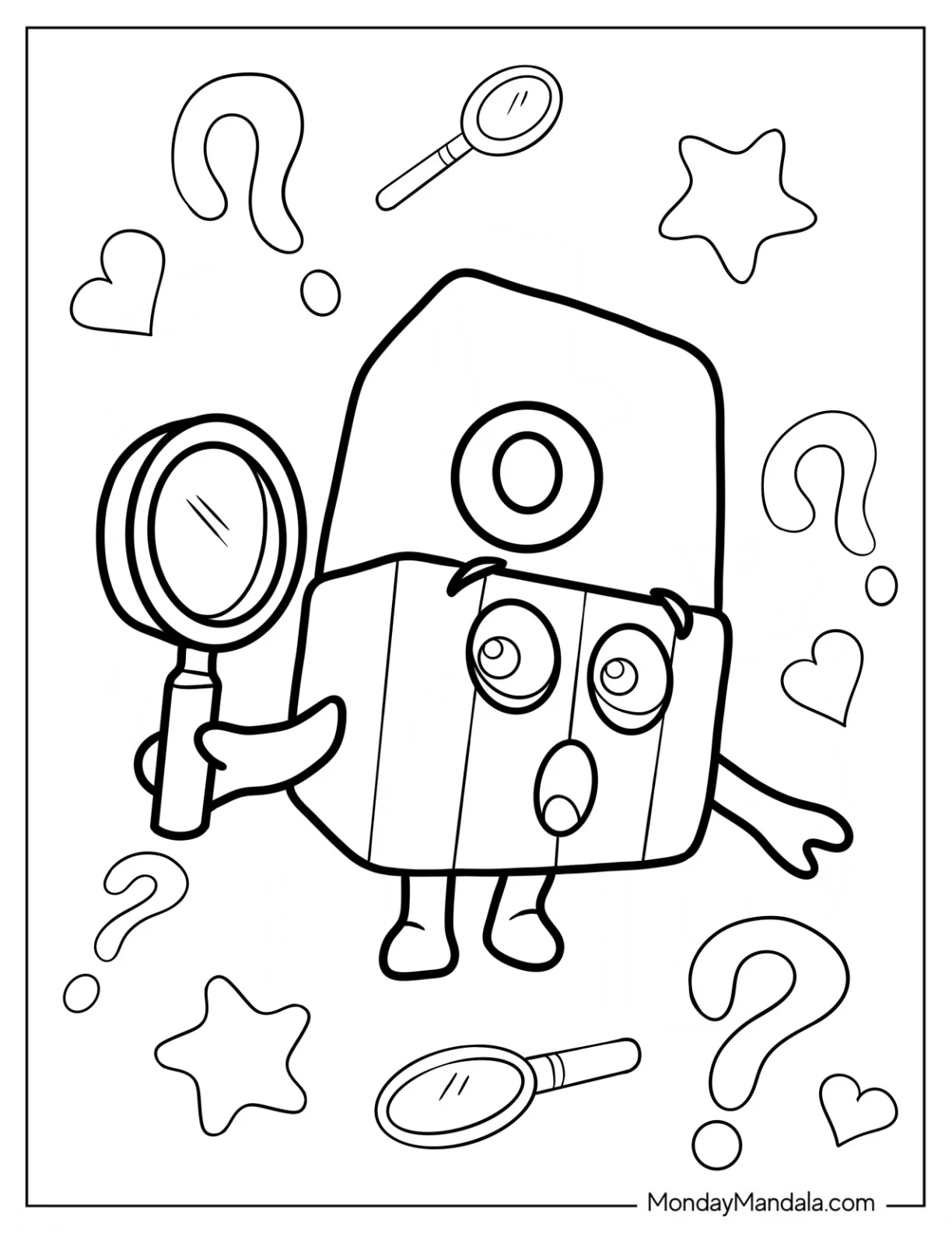 Alphablock Coloring Page O Holding Magnifying Glass For Preschoolers coloring page — printable line art