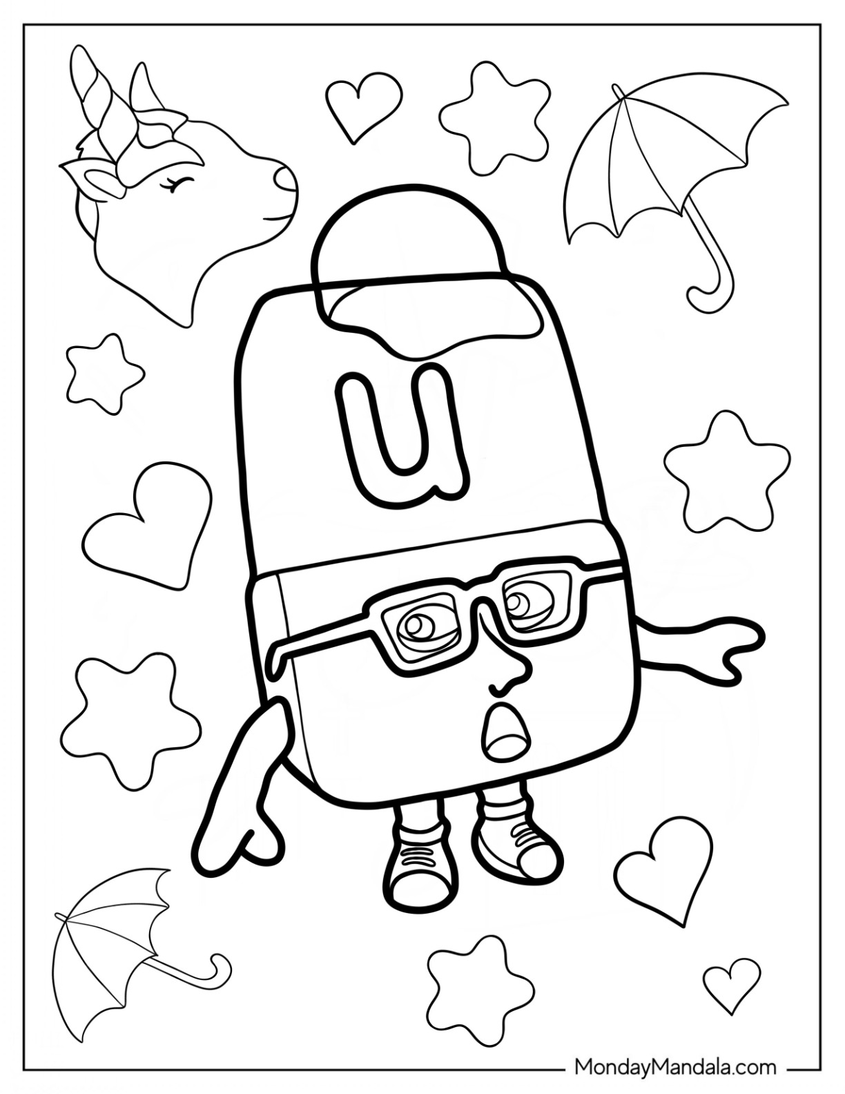 Alphablock Coloring Page U Wearing Glasses And Cap For Kids coloring page — printable line art