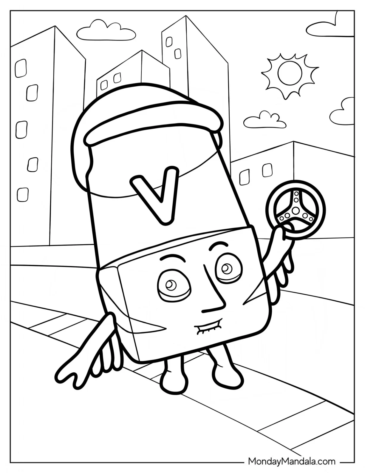 Alphablock Coloring Page V In The City For Kids coloring page — printable line art