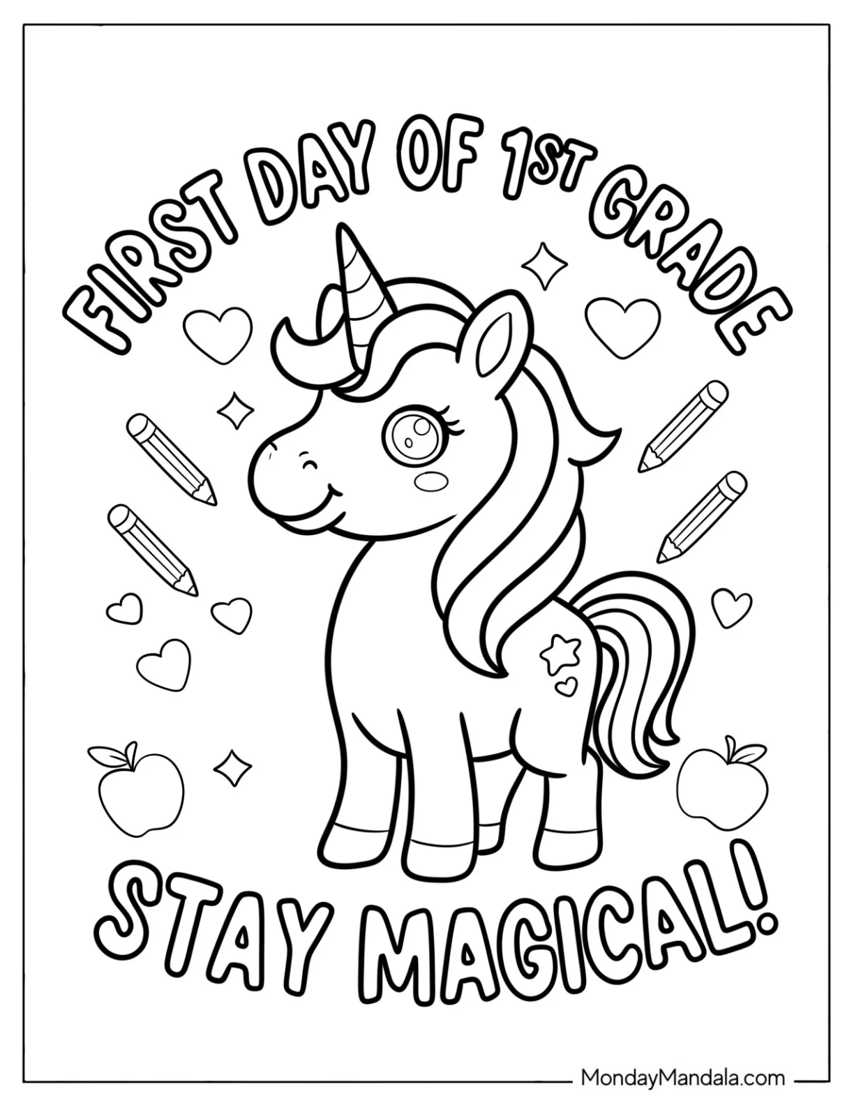Back To School Coloring Page First Day of 1st Grade with Unicorn for Kids coloring page