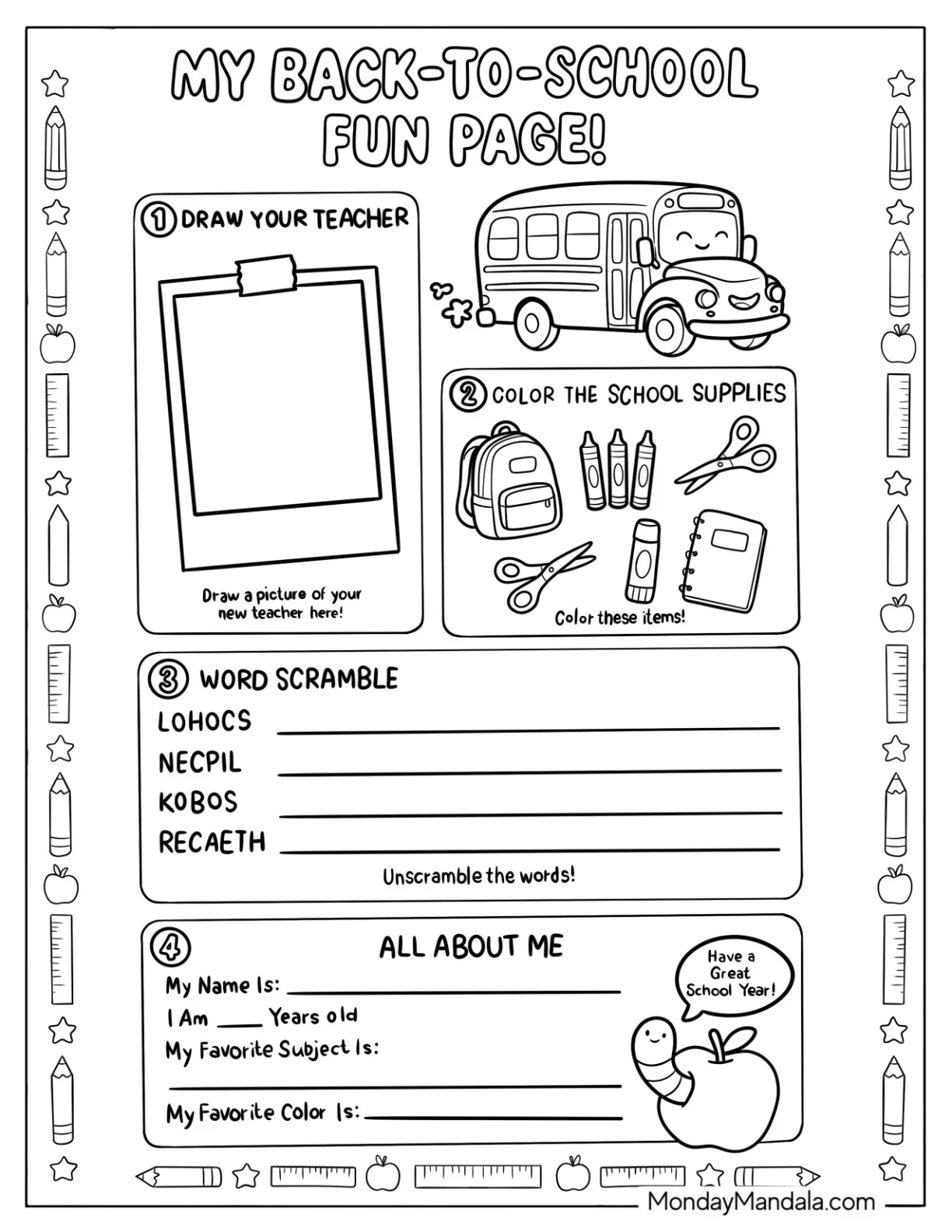 My Back To School Coloring Page Fun Page Worksheet coloring page