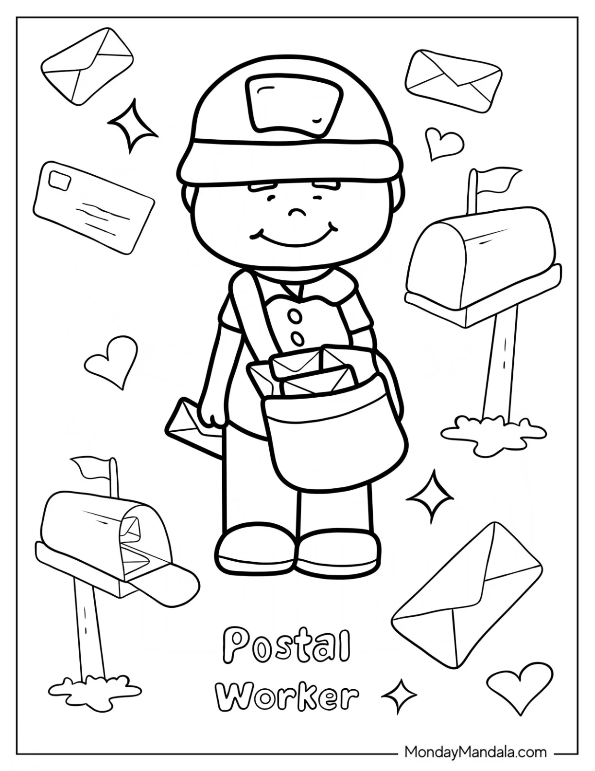 Chibi Postal Worker Community Helpers Coloring Page Flashcard coloring page
