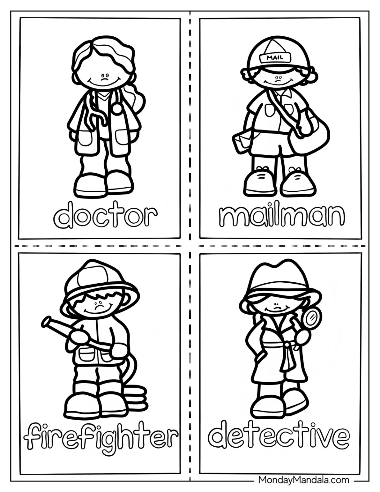 Community Helpers Coloring Page Flashcard Doctor, Mailman, Firefighter, And Detective coloring page