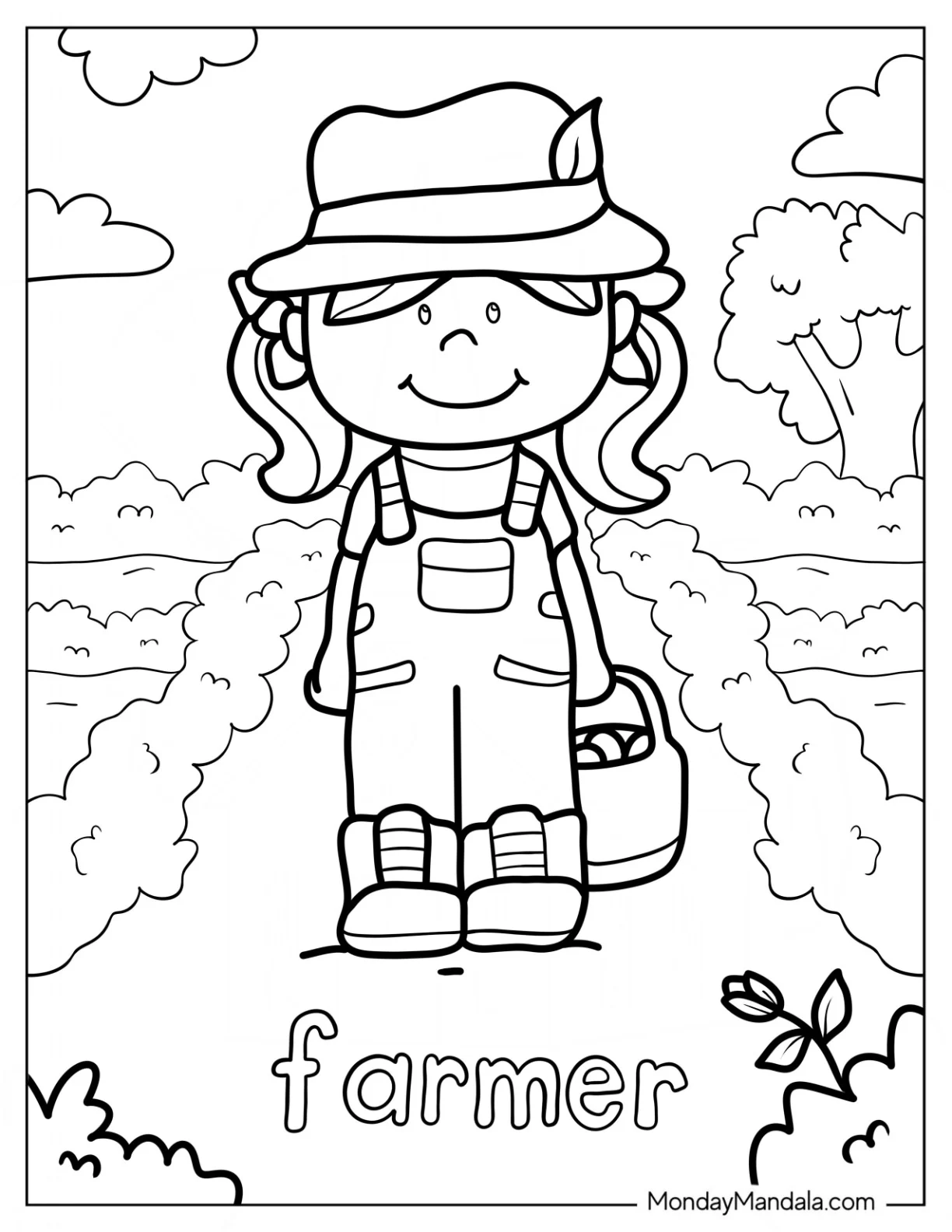 Community Helpers Coloring Page Of Farmer Carrying Basket For Kids coloring page