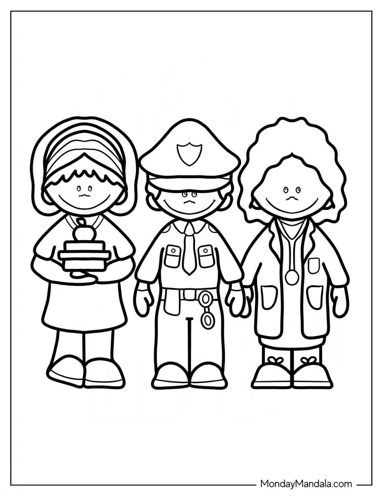 Simple Community Helpers Coloring Page Teacher, Police, And Doctor For Preschoolers coloring page