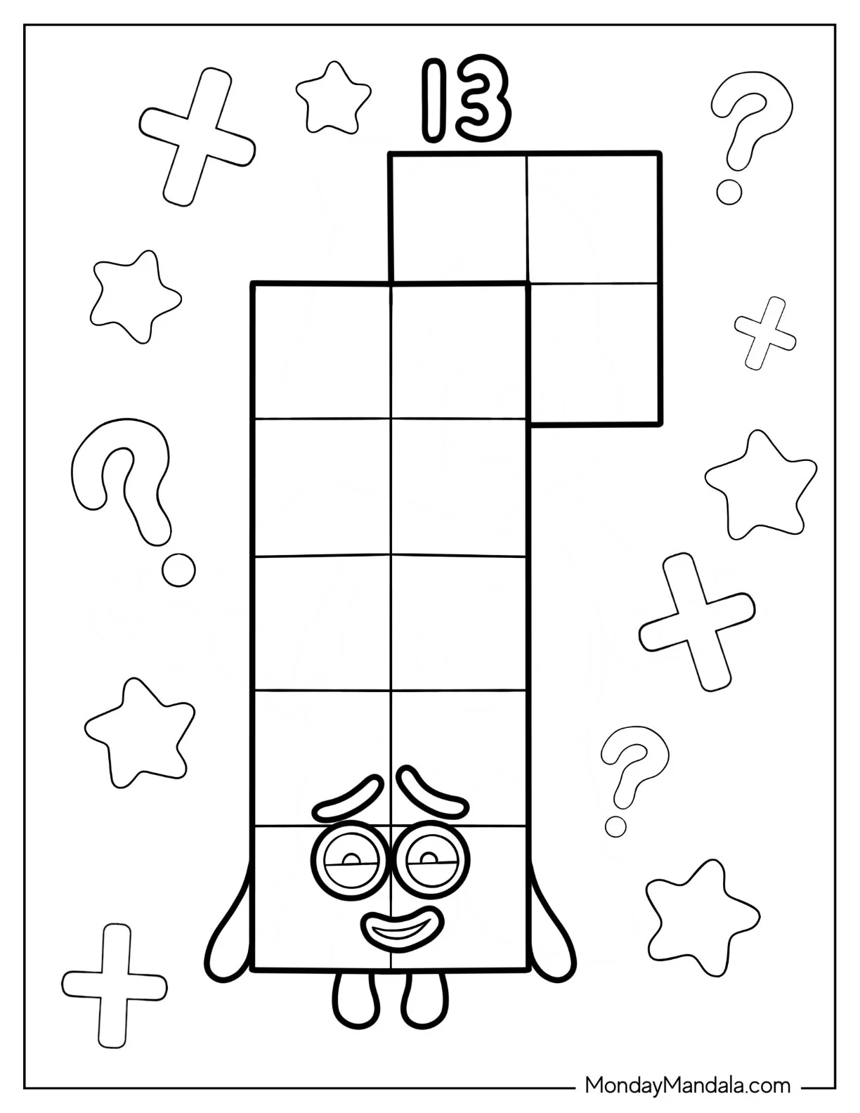 Confused 13 Numberblocks Coloring Page For Kids coloring page
