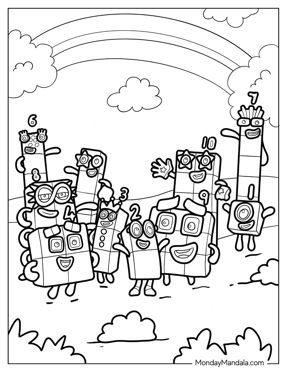 Numberblocks Coloring Page 1 to 10 Standing In Field coloring page