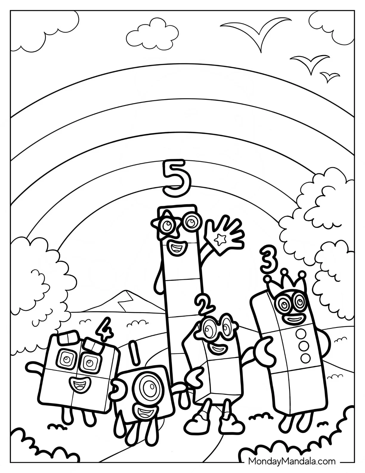 Numberblocks Coloring Page 1 to 5 In Nature With Rainbow coloring page — printable line art