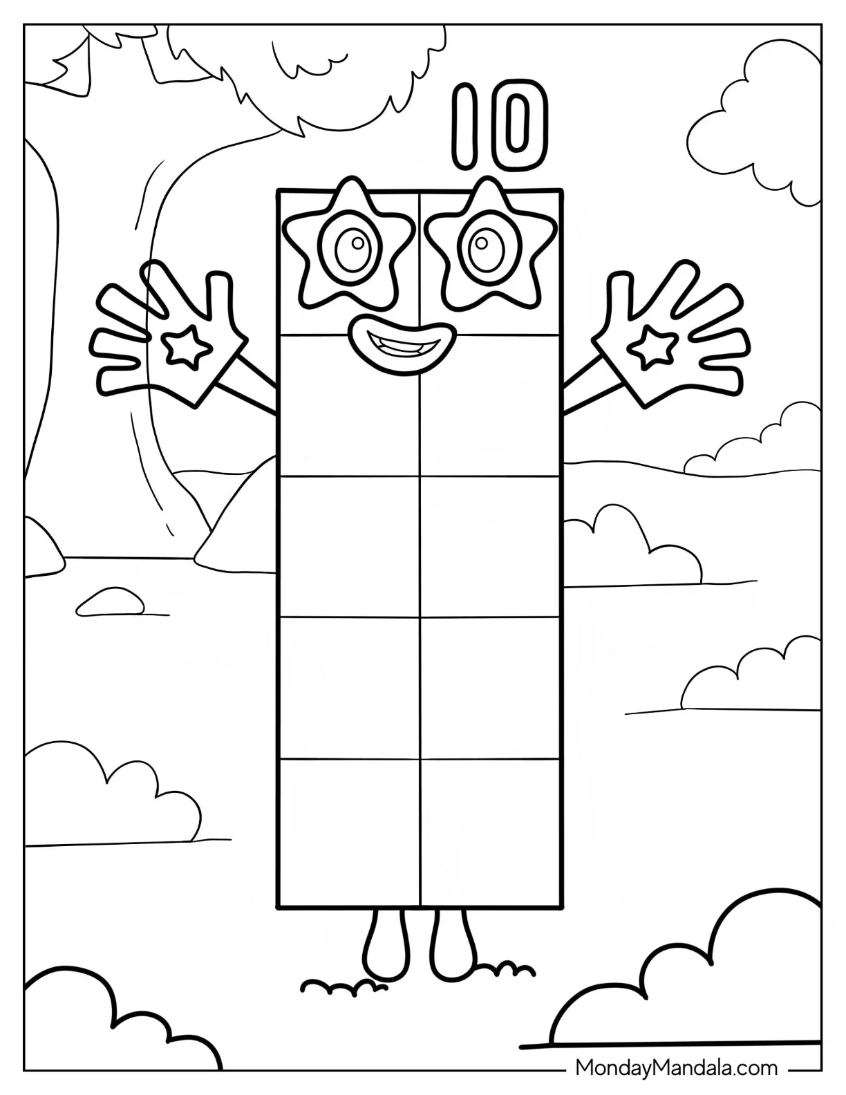 Numberblocks Coloring Page 10 Wearing Gloves coloring page