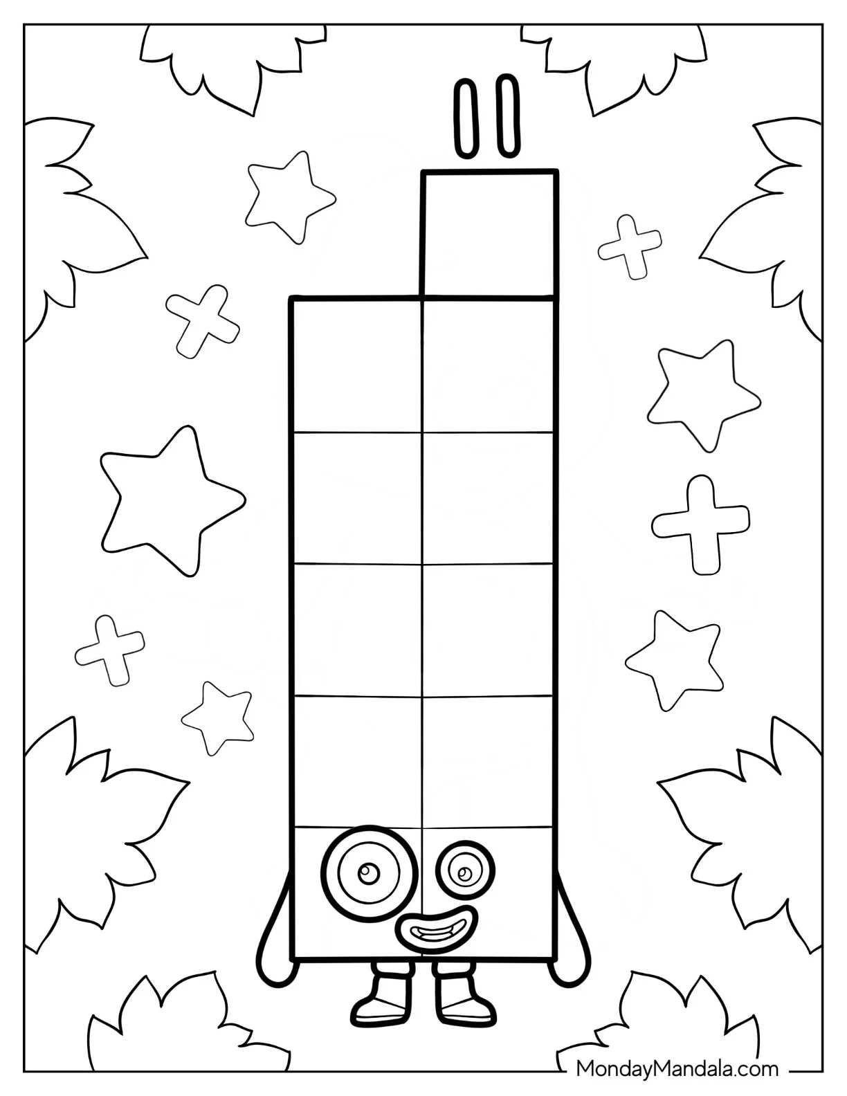 Numberblocks Coloring Page 11 With Leaves And Stars coloring page — printable line art