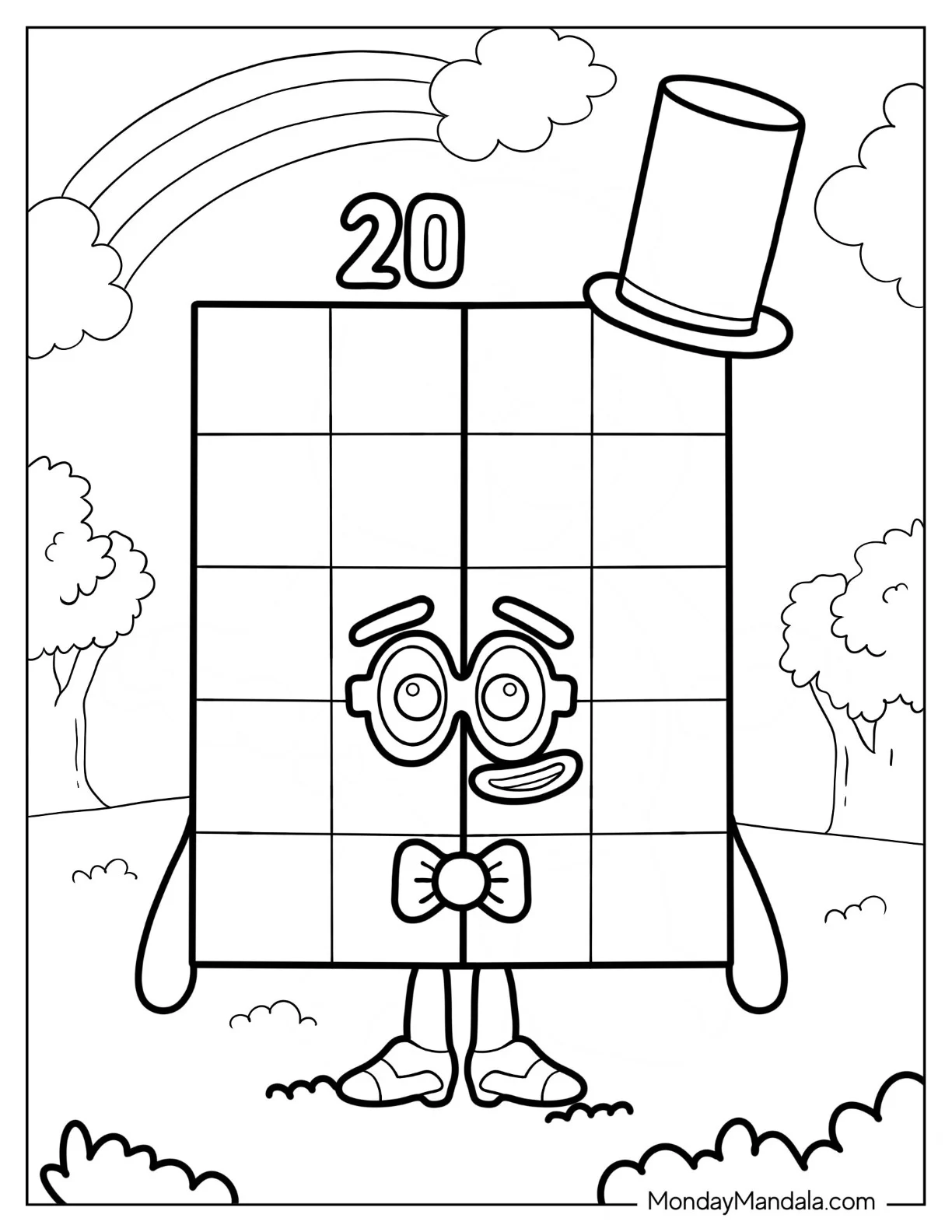 Numberblocks Coloring Page 20 With Hat And Bowtie coloring page