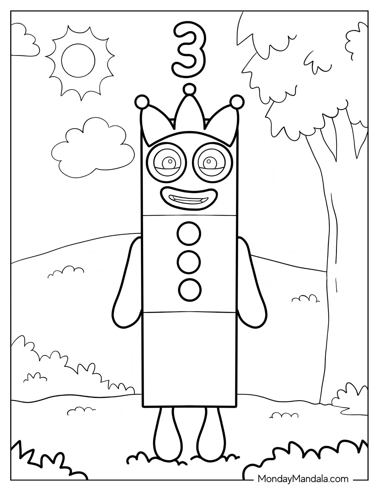 Numberblocks Coloring Page 3 Wearing Crown coloring page
