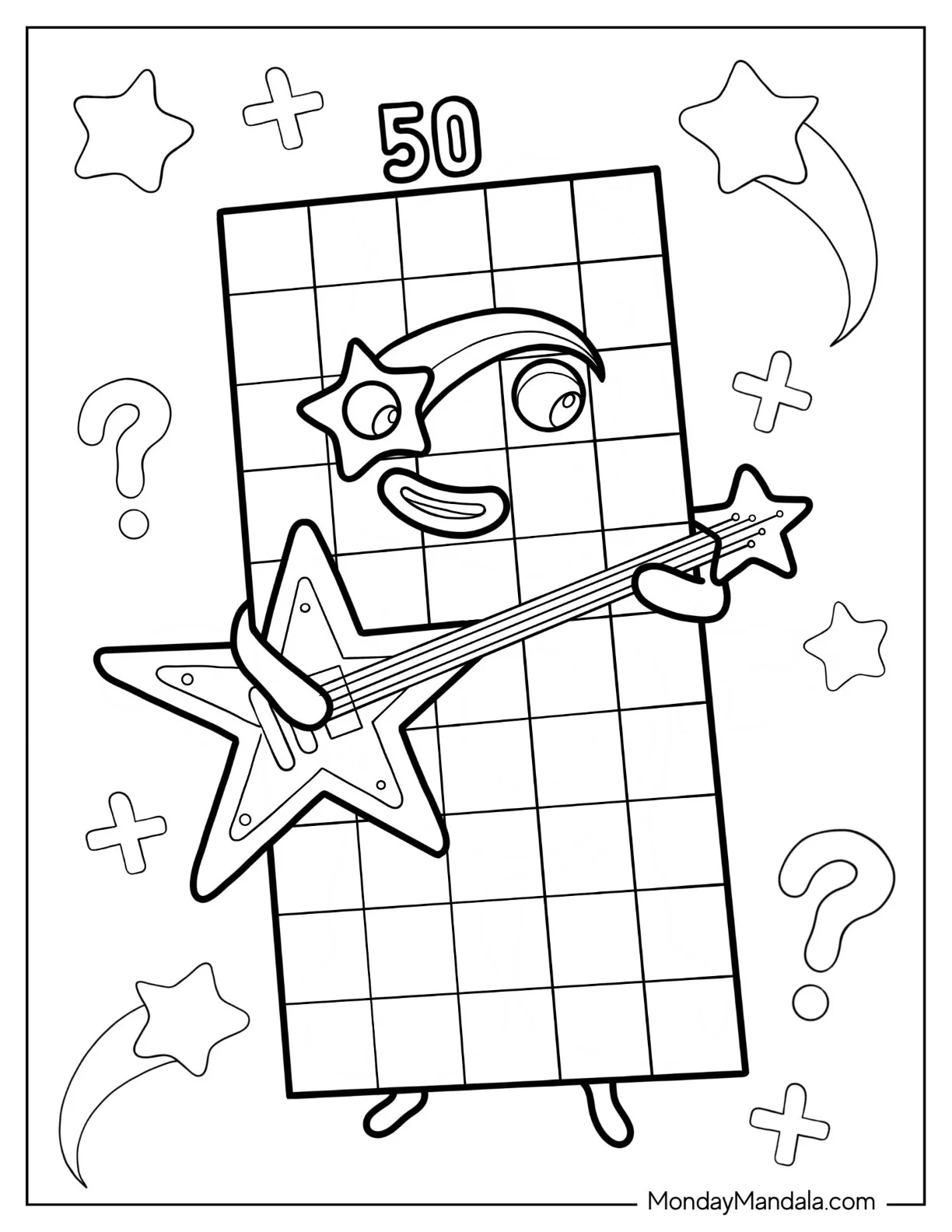 Numberblocks Coloring Page 50 Playing Guitar coloring page — printable line art