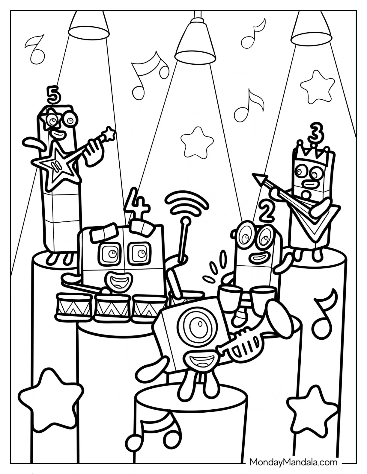 Numberblocks Coloring Page1, 2,3,4,5 Playing Musical Instruments coloring page