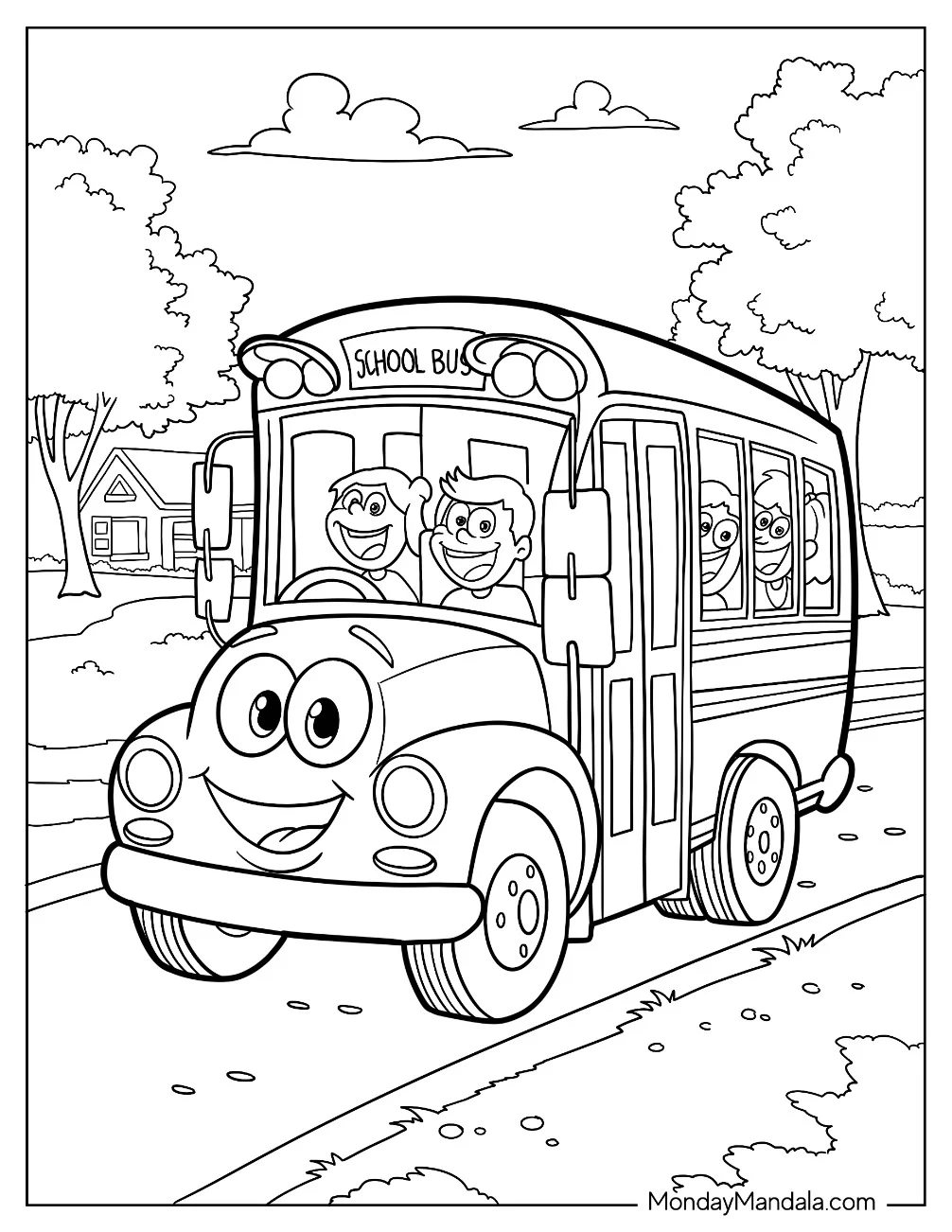 Cartoon School Bus Coloring Page Full of Kids For Kids coloring page