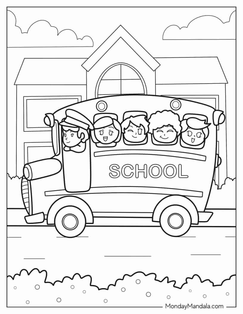 Cartoon School Bus With Students And Driver coloring page
