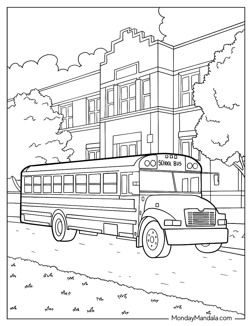 Classic School Bus Coloring Page in Front of A Building coloring page
