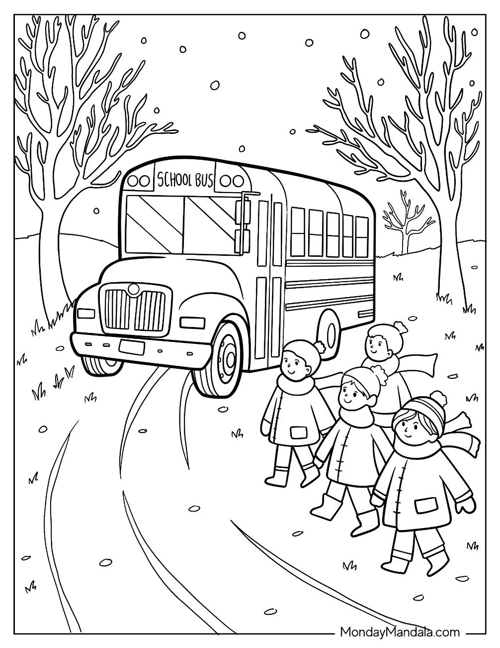Cute Children Waiting For School Bus Coloring Page In The Snow coloring page