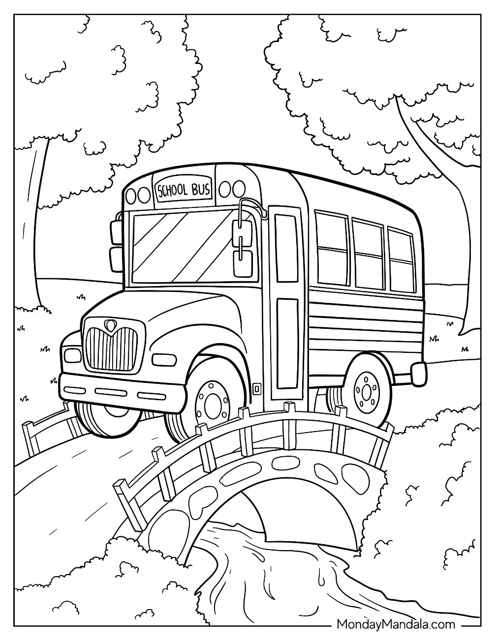 Cute School Bus Coloring Page Crossing A Small Bridge coloring page