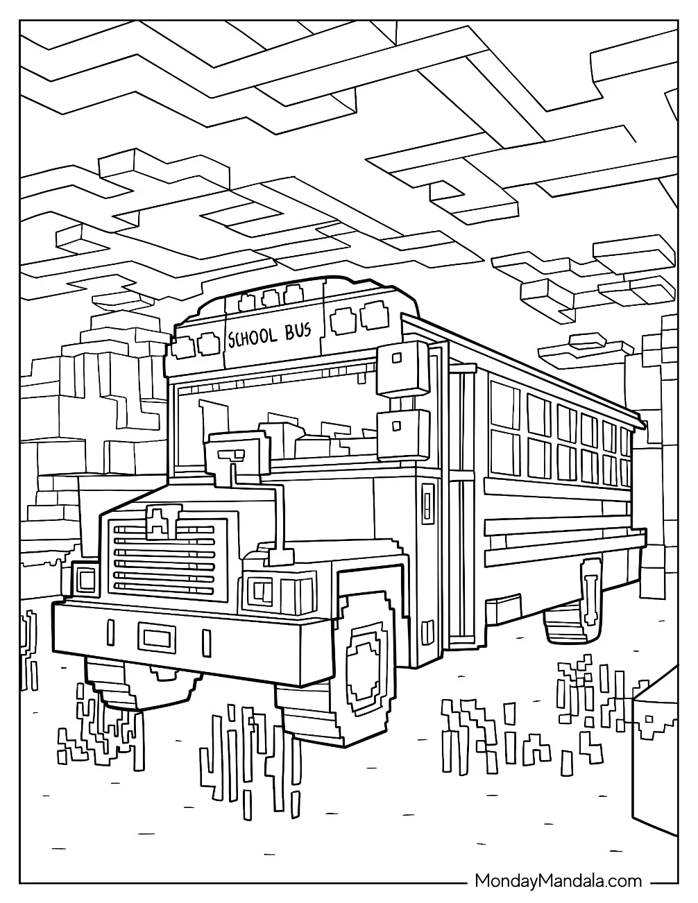 Detailed Minecraft School Bus Coloring Page coloring page