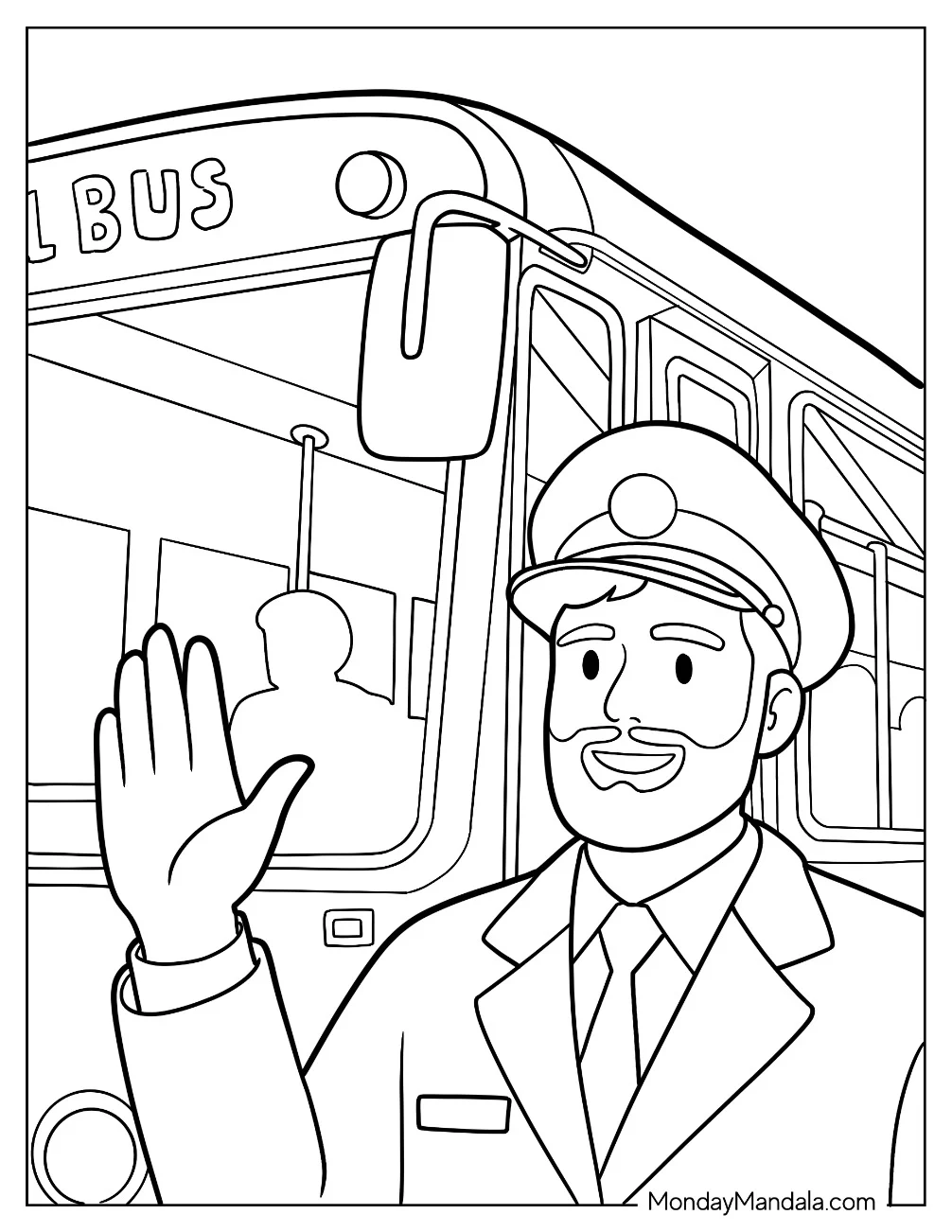 Friendly School Bus Coloring Page Driver Waving coloring page