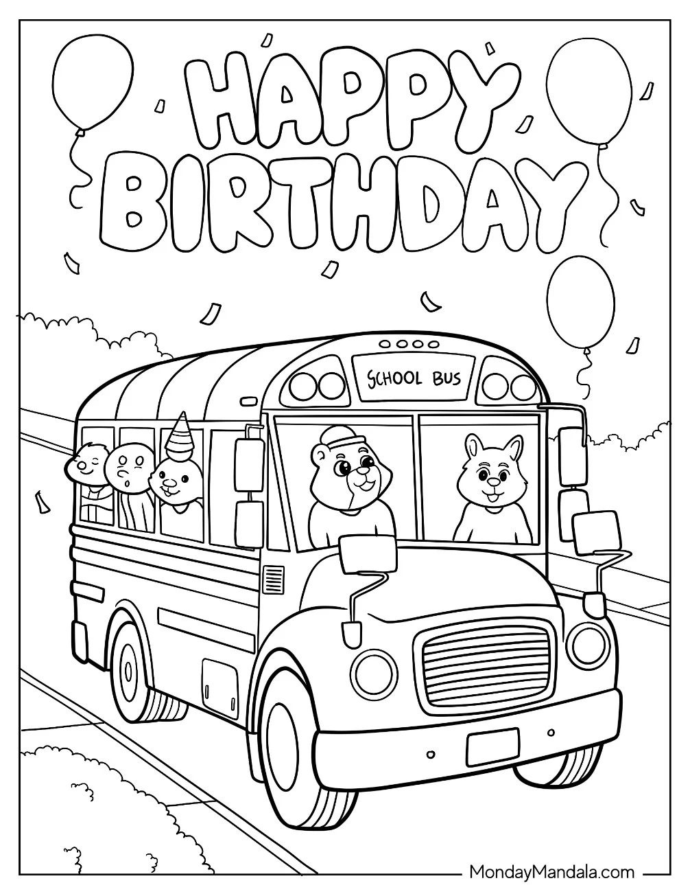 Happy Birthday School Bus Coloring Page With Balloons coloring page