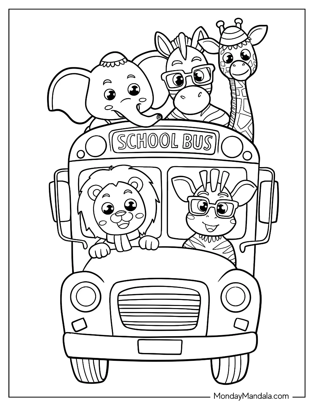 Kawaii Lion, Elephant, and Giraffe on School Bus Coloring Page For Kids coloring page