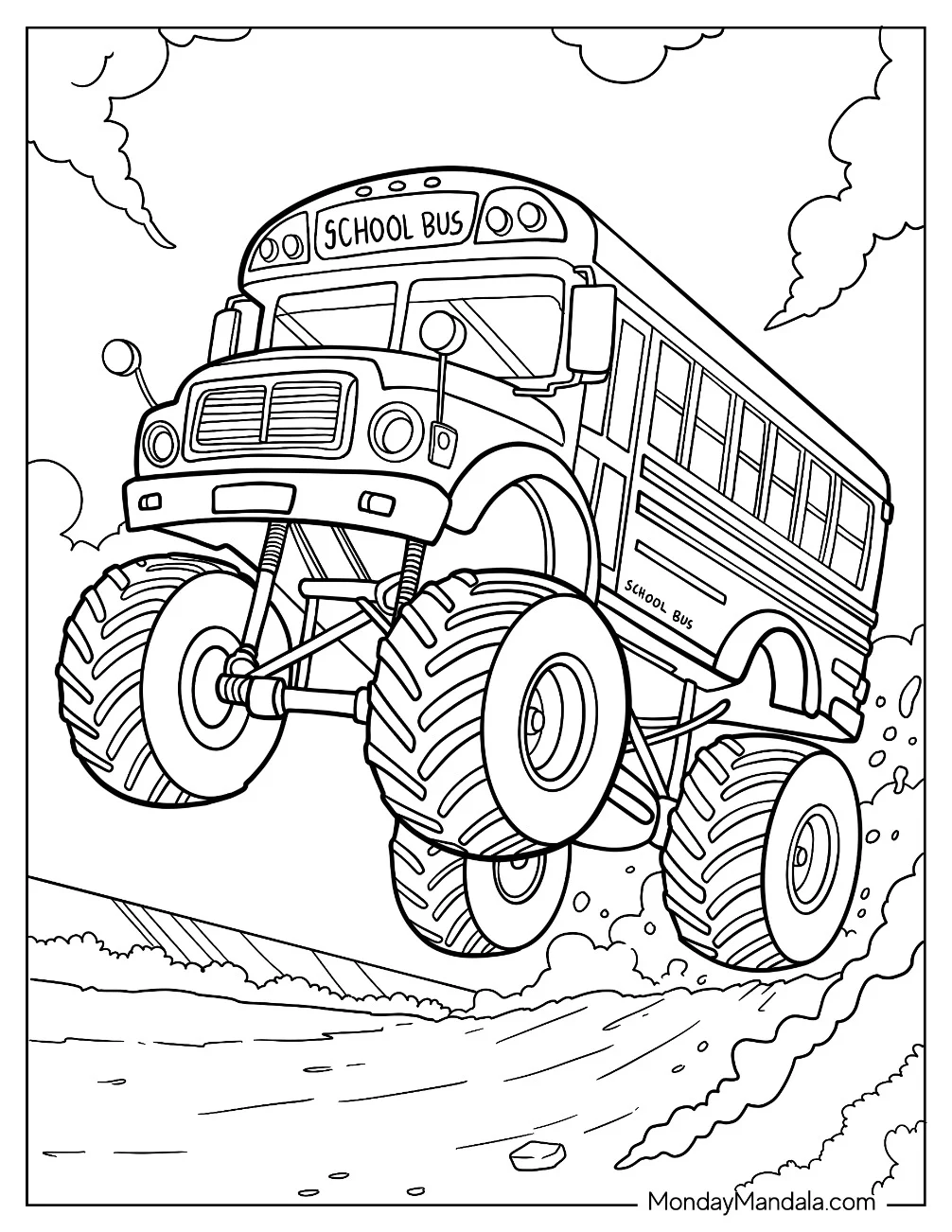 Monster Truck School Bus Coloring Page In The Air coloring page