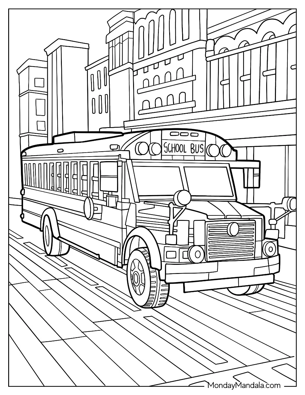 Realistic School Bus Coloring Page In A Busy City coloring page