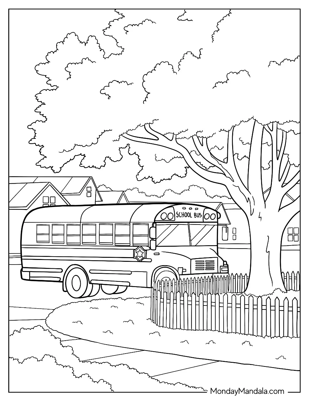 School Bus Coloring Page Parked In Front Of A Massive Tree coloring page