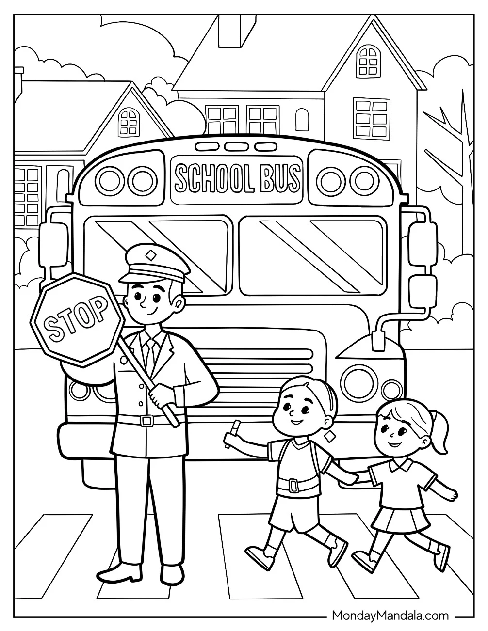 School Bus Coloring Page Waiting For Kids To Cross The Street coloring page