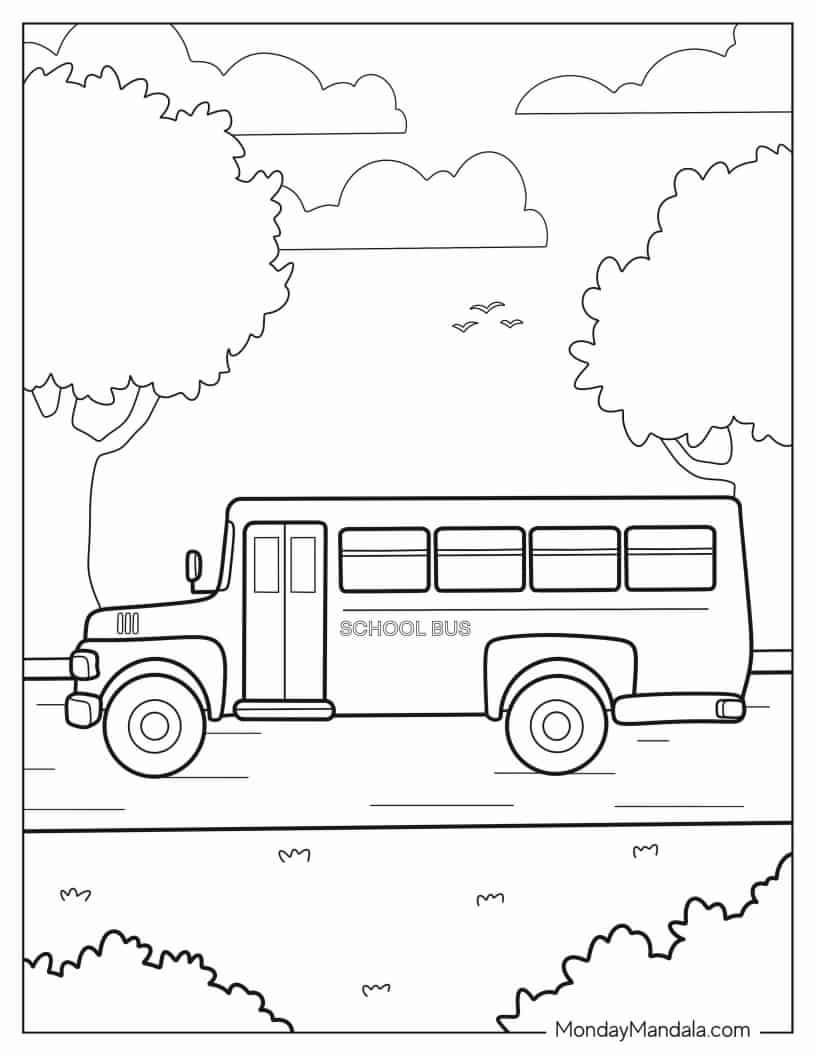 School Bus Driving On Road coloring page