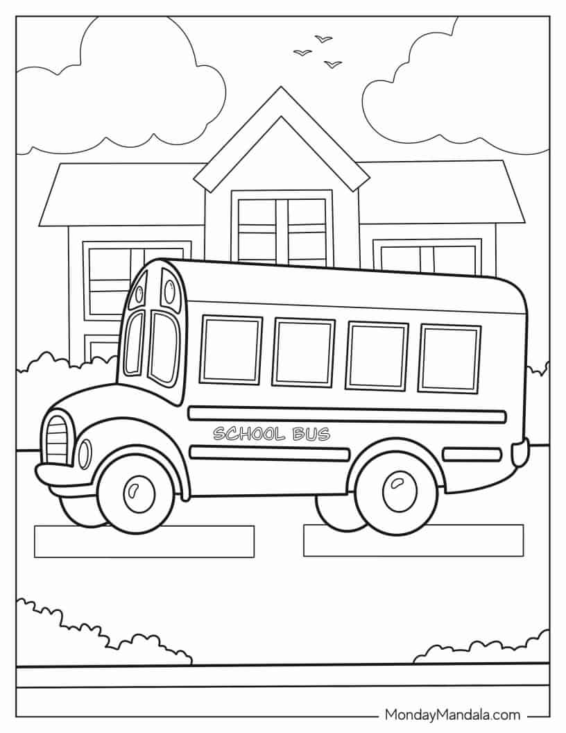 School Bus Driving Past Elementary School coloring page