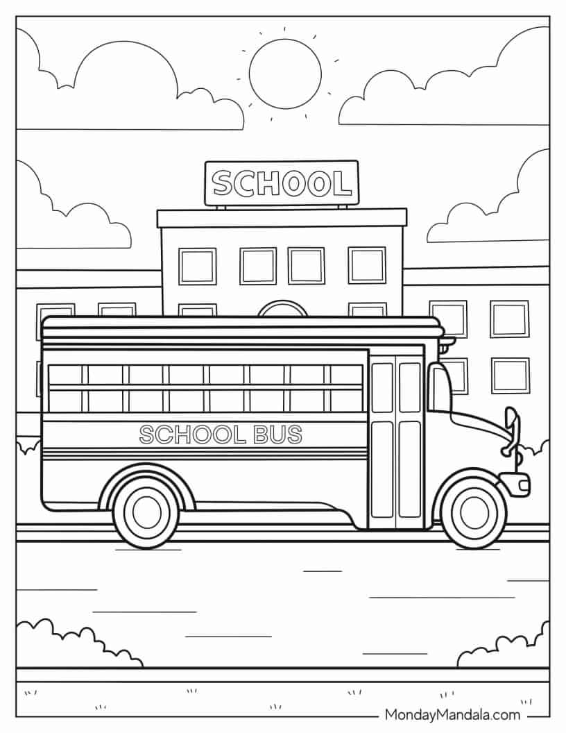 School Bus Dropping Students Off At School coloring page