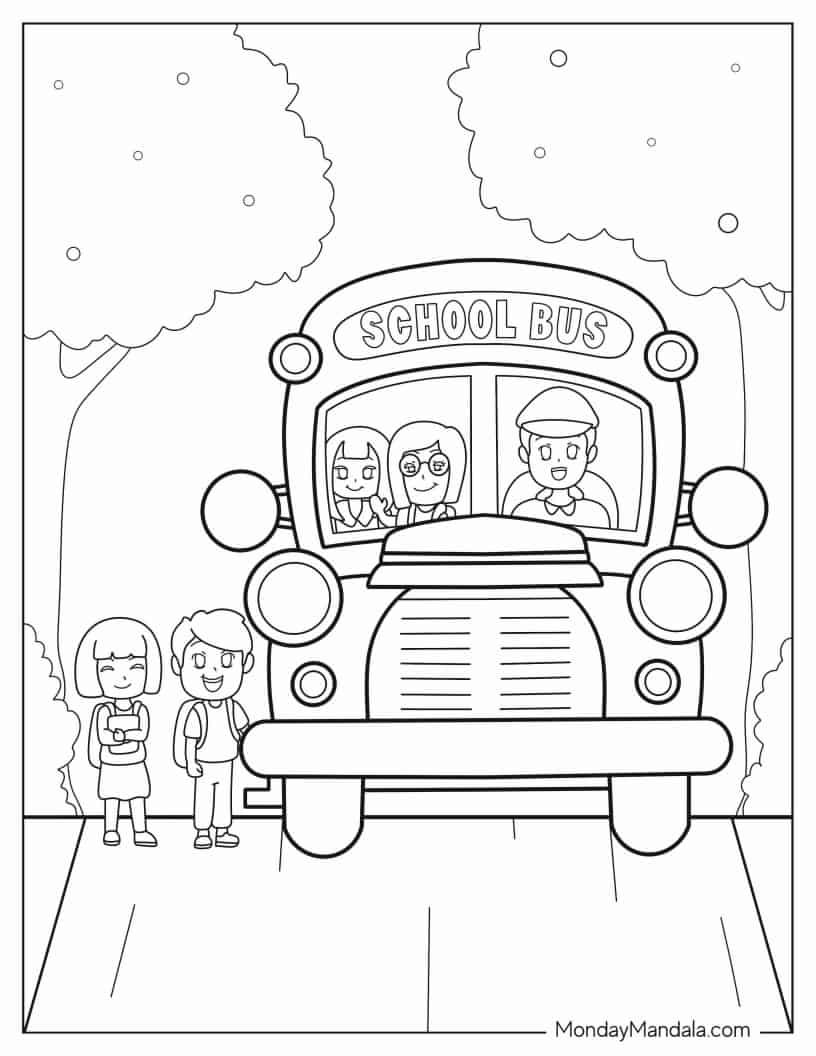 School Bus Picking Up Students At Bus Stop coloring page