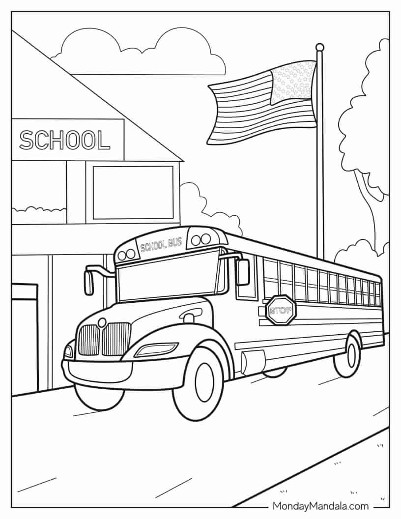 School Bus With American Flag coloring page