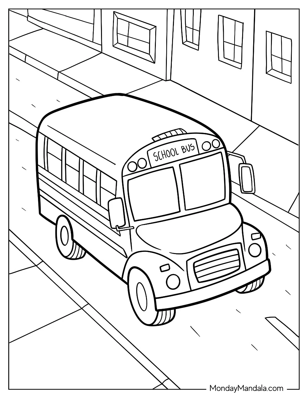 Top View Of Small School Bus Coloring Page On The Road coloring page