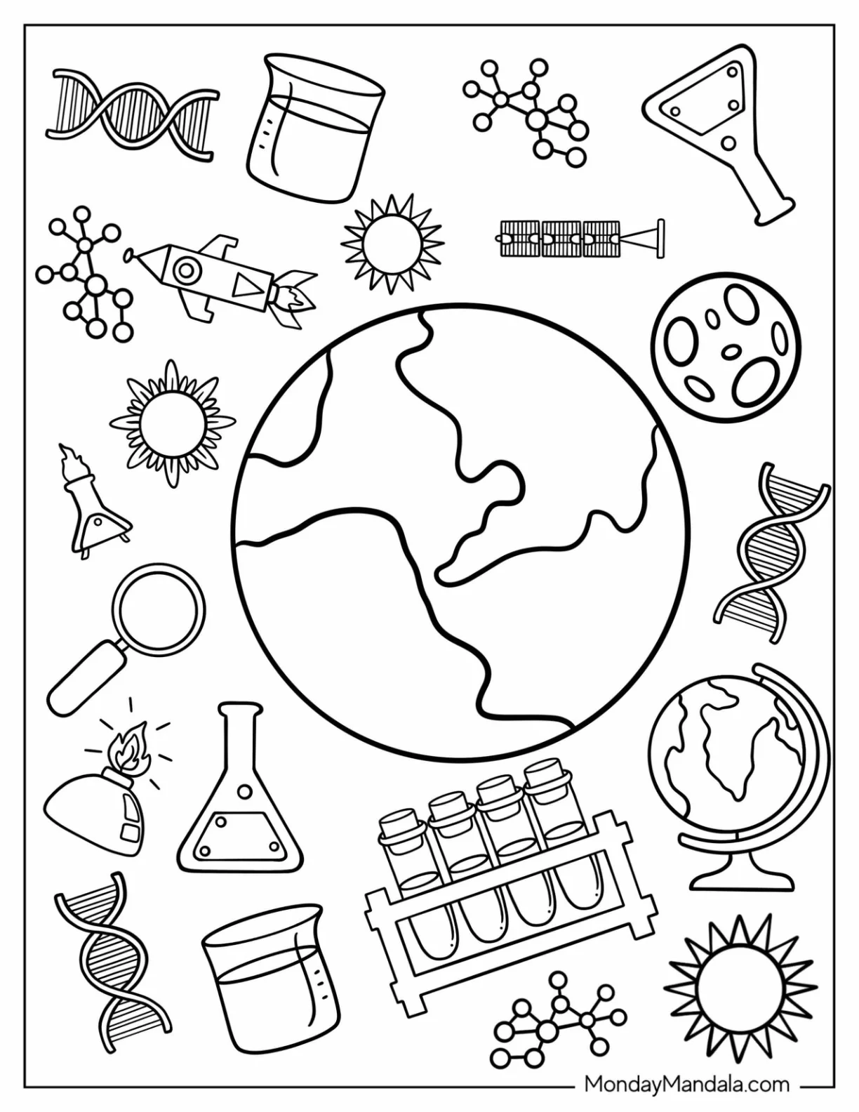 Easy Earth Surrounded By Science Coloring Page And Technology coloring page