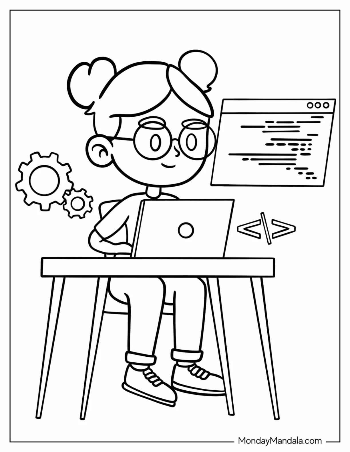 Nerdy Girl Studying Science Coloring Page On Her Laptop For Kids coloring page