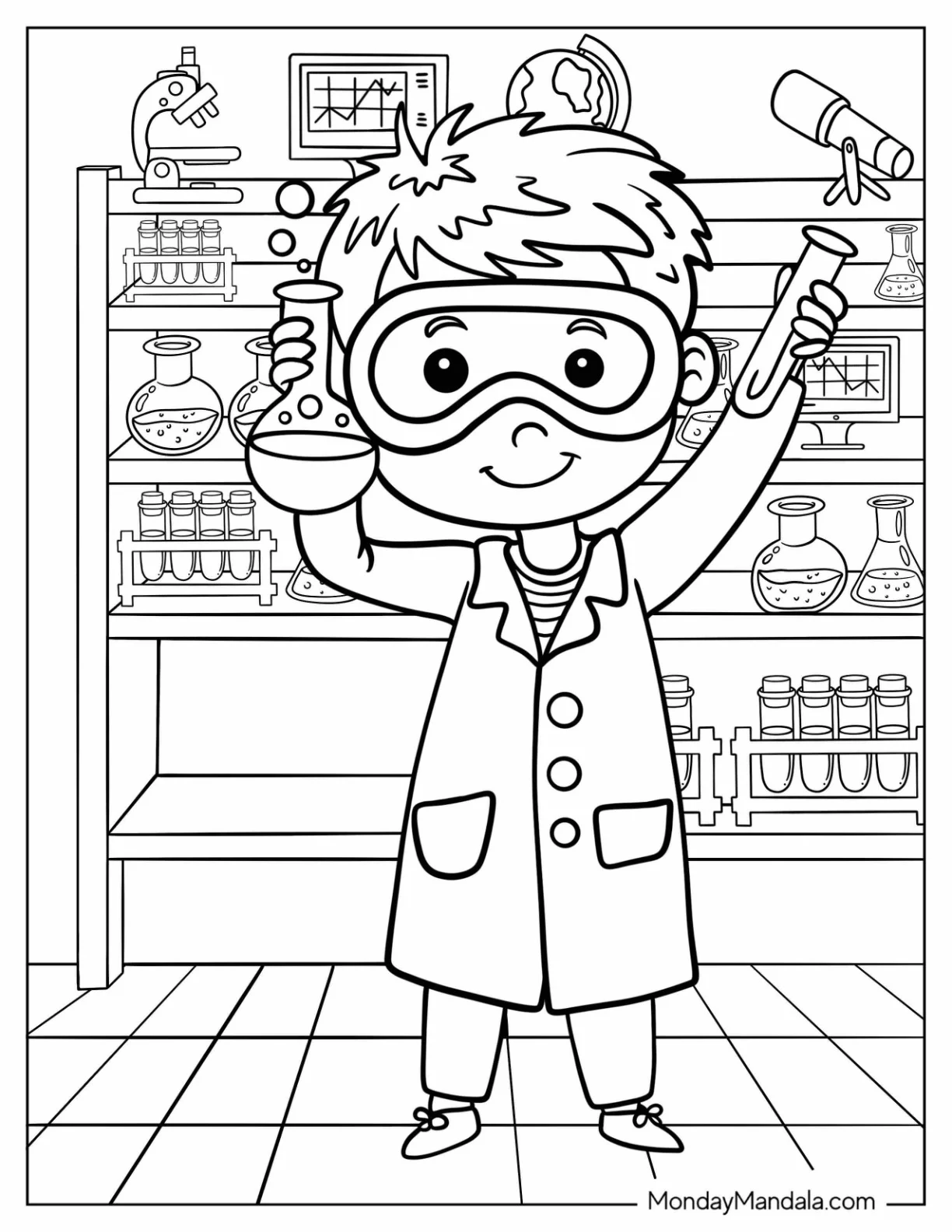 Science Coloring Page Of Boy In Goggles And Lab Coat In A Science Laboratory coloring page