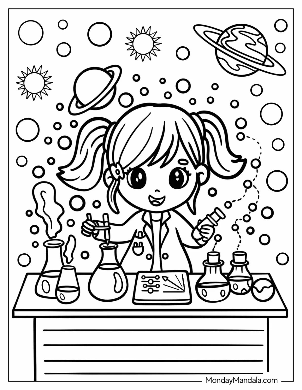 Science Coloring Page Of Chibi Girl Performing Science Experiments In A Lab coloring page