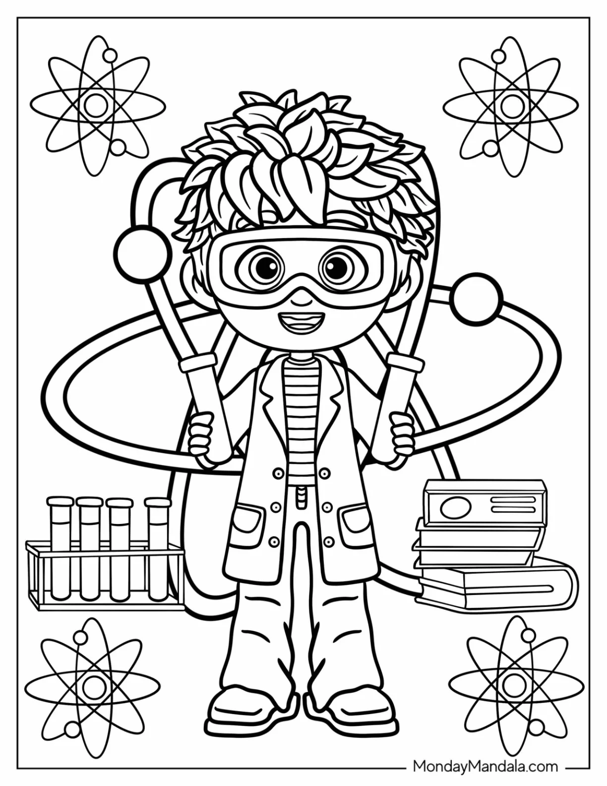 Science Coloring Page Of Chibi Scientist Surrounded By Books And Test Tubes coloring page — printable line art