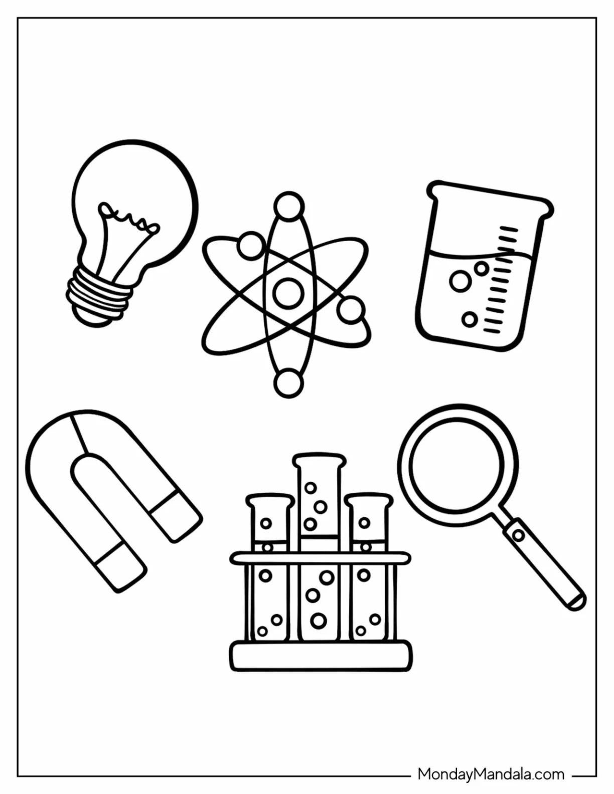 Science Coloring Page Of Elements Atom, Magnet, Test Tubes, Beaker, Light Bulb, And Magnifying Glass coloring page