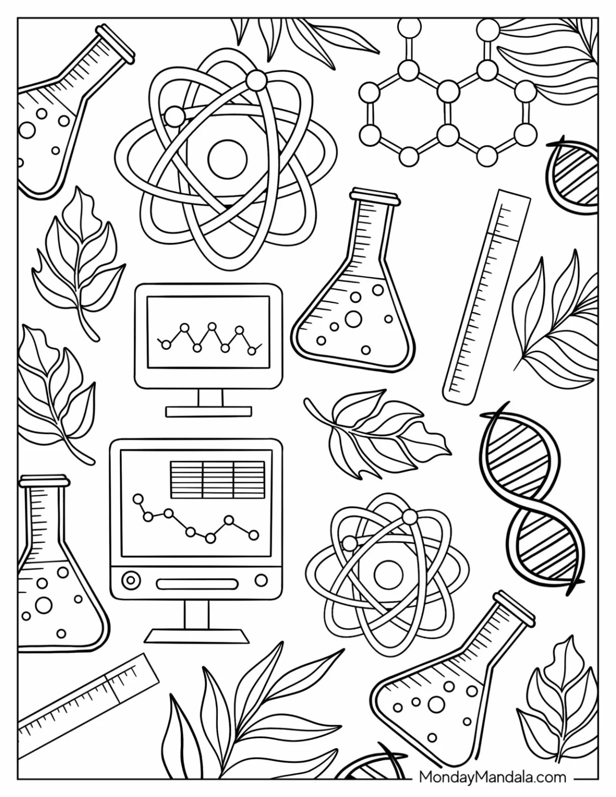 Science Coloring Page Of Full Page Scientific Symbols Atom, Beakers, Test Tubes, Computers, And DNA coloring page